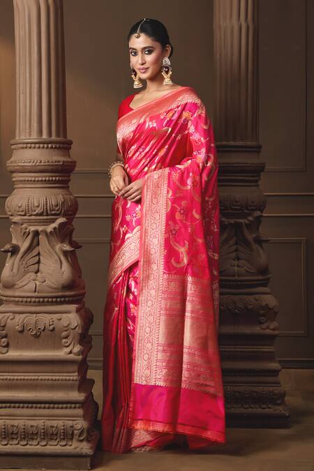 Buy Vishwa By Pinki Sinha Pink Silk Zari Banarasi Saree With Running Blouse Piece Online at Aza Fashions Buy_Vishwa By Pinki Sinha_Pink Silk Zari Banarasi Saree With Running Blouse Piece _Online_at_Aza_Fashions