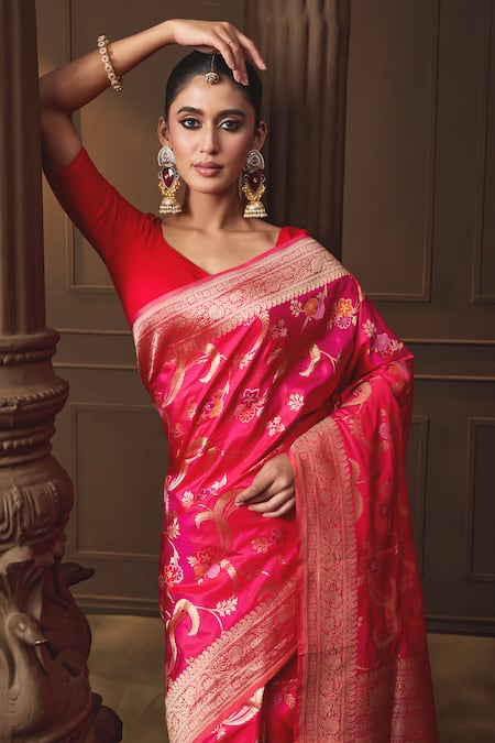 Shop Vishwa By Pinki Sinha Pink Silk Zari Banarasi Saree With Running Blouse Piece Online at Aza Fashions Shop_Vishwa By Pinki Sinha_Pink Silk Zari Banarasi Saree With Running Blouse Piece _Online_at_Aza_Fashions