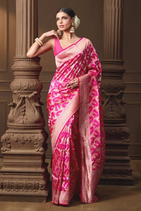 Vishwa By Pinki Sinha Pink Silk Zari Banarasi Saree With Running Blouse Piece Online at Aza Fashions Vishwa By Pinki Sinha_Pink Silk Zari Banarasi Saree With Running Blouse Piece _Online_at_Aza_Fashions