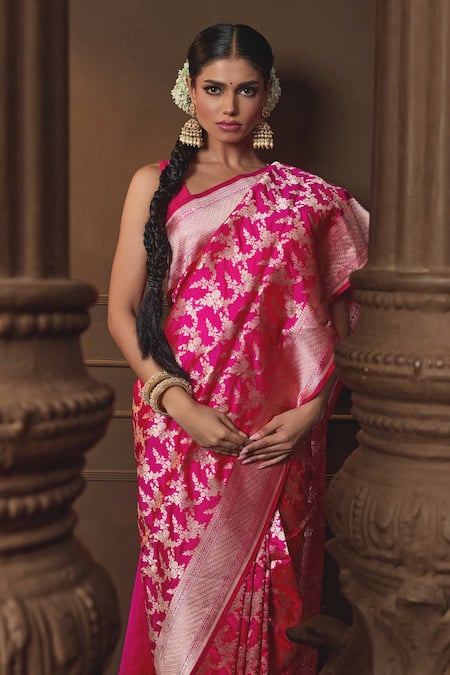 Buy Vishwa By Pinki Sinha Pink Silk Zari Banarasi Saree With Running Blouse Piece Online at Aza Fashions Buy_Vishwa By Pinki Sinha_Pink Silk Zari Banarasi Saree With Running Blouse Piece _Online_at_Aza_Fashions