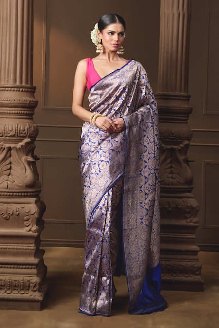 Vishwa By Pinki Sinha Blue Silk Zari Banarasi Saree With Running Blouse Piece 