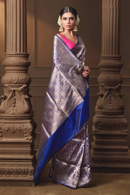 Vishwa By Pinki Sinha_Blue Silk Zari Banarasi Saree With Running Blouse Piece _Online_at_Aza_Fashions