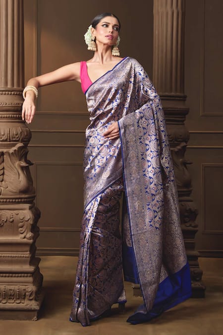 Buy_Vishwa By Pinki Sinha_Blue Silk Zari Banarasi Saree With Running Blouse Piece _Online_at_Aza_Fashions