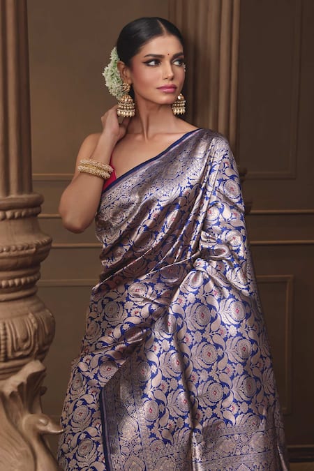 Shop_Vishwa By Pinki Sinha_Blue Silk Zari Banarasi Saree With Running Blouse Piece _Online_at_Aza_Fashions