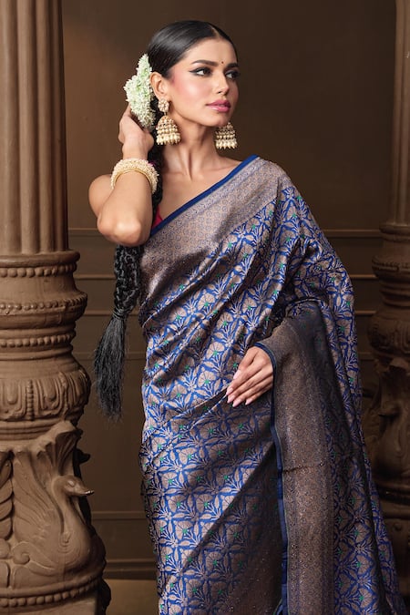 Vishwa By Pinki Sinha_Blue Brocade, Silk Zari Meenakari Saree With Running Blouse Piece _Online_at_Aza_Fashions