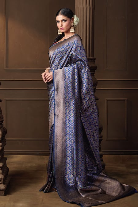 Buy_Vishwa By Pinki Sinha_Blue Brocade, Silk Zari Meenakari Saree With Running Blouse Piece _Online_at_Aza_Fashions