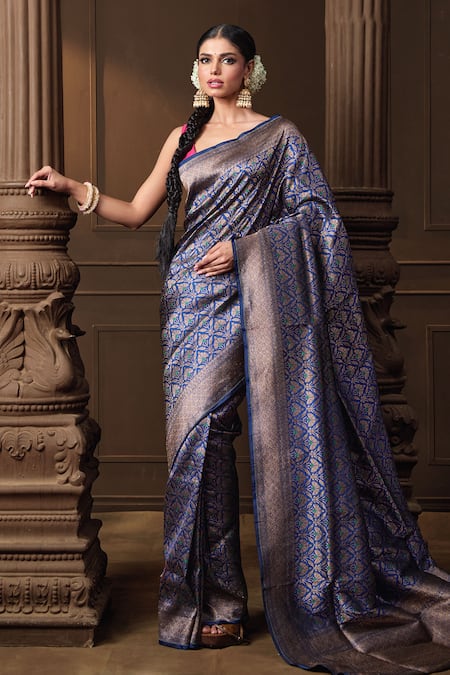 Vishwa By Pinki Sinha Blue Brocade, Silk Zari Meenakari Saree With Running Blouse Piece 