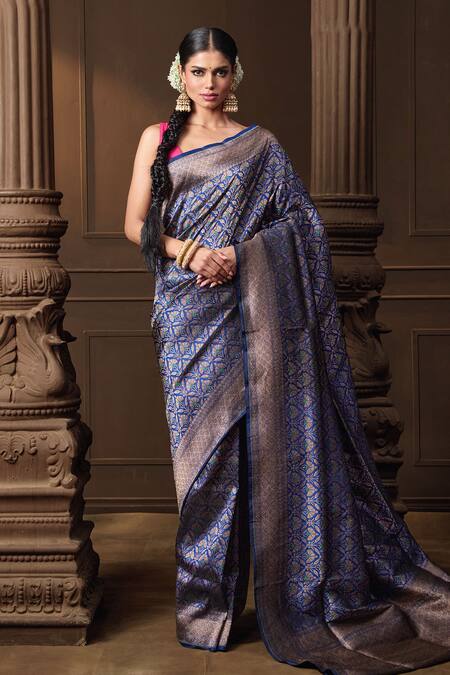 Shop_Vishwa By Pinki Sinha_Blue Brocade, Silk Zari Meenakari Saree With Running Blouse Piece _Online_at_Aza_Fashions