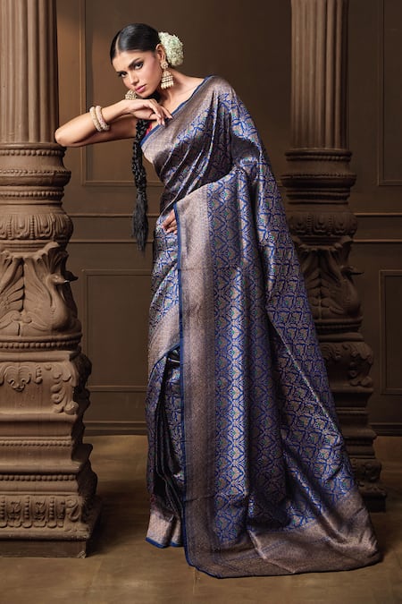 Vishwa By Pinki Sinha_Blue Brocade, Silk Zari Meenakari Saree With Running Blouse Piece _at_Aza_Fashions