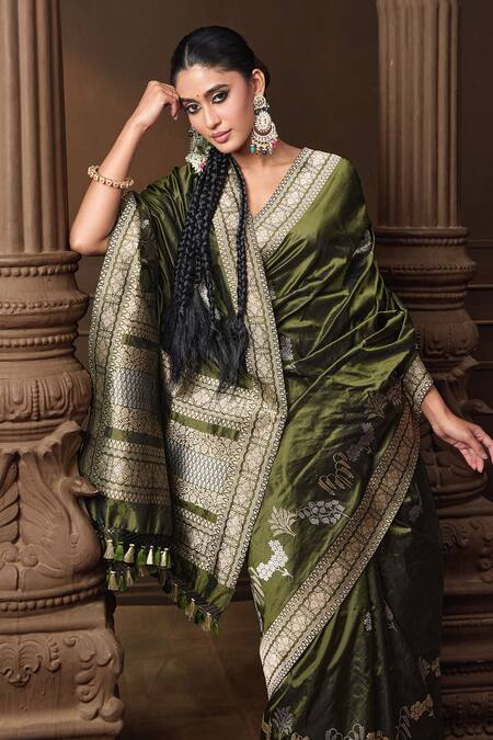 Buy_Vishwa By Pinki Sinha_Green Silk Zari, Embroidery Banarasi Saree With Running Blouse Piece _Online_at_Aza_Fashions