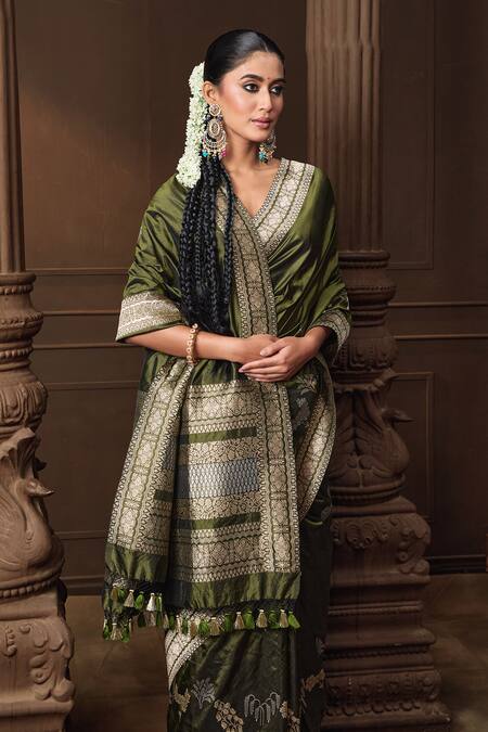 Shop_Vishwa By Pinki Sinha_Green Silk Zari, Embroidery Banarasi Saree With Running Blouse Piece _Online_at_Aza_Fashions
