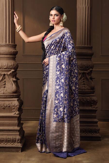 Vishwa By Pinki Sinha Blue Silk Zari Banarasi Saree With Running Blouse Piece Online at Aza Fashions Vishwa By Pinki Sinha_Blue Silk Zari Banarasi Saree With Running Blouse Piece_Online_at_Aza_Fashions