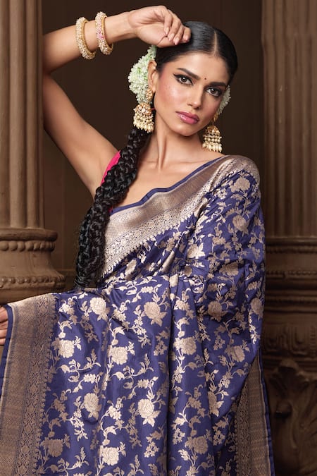 Buy Vishwa By Pinki Sinha Blue Silk Zari Banarasi Saree With Running Blouse Piece Online at Aza Fashions Buy_Vishwa By Pinki Sinha_Blue Silk Zari Banarasi Saree With Running Blouse Piece_Online_at_Aza_Fashions