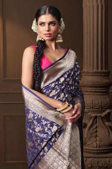 Shop Vishwa By Pinki Sinha Blue Silk Zari Banarasi Saree With Running Blouse Piece Online at Aza Fashions Shop_Vishwa By Pinki Sinha_Blue Silk Zari Banarasi Saree With Running Blouse Piece_Online_at_Aza_Fashions