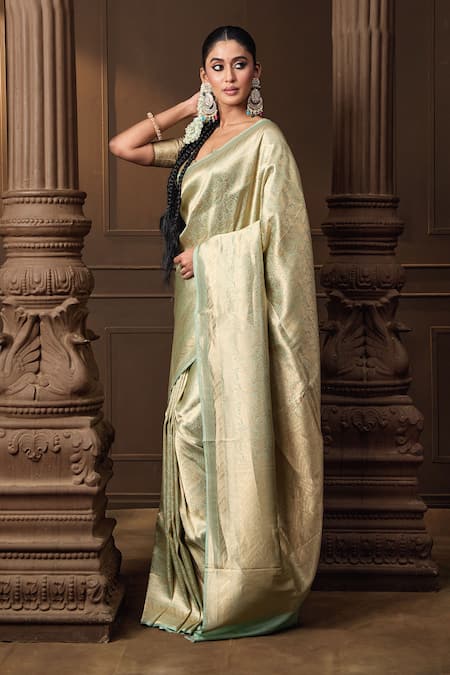 Vishwa By Pinki Sinha_Mint Silk Zari Banarasi Saree With Running Blouse Piece_Online_at_Aza_Fashions