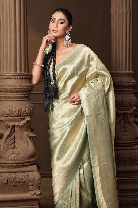 Buy_Vishwa By Pinki Sinha_Mint Silk Zari Banarasi Saree With Running Blouse Piece_Online_at_Aza_Fashions