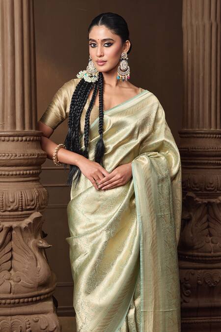 Shop_Vishwa By Pinki Sinha_Mint Silk Zari Banarasi Saree With Running Blouse Piece_Online_at_Aza_Fashions