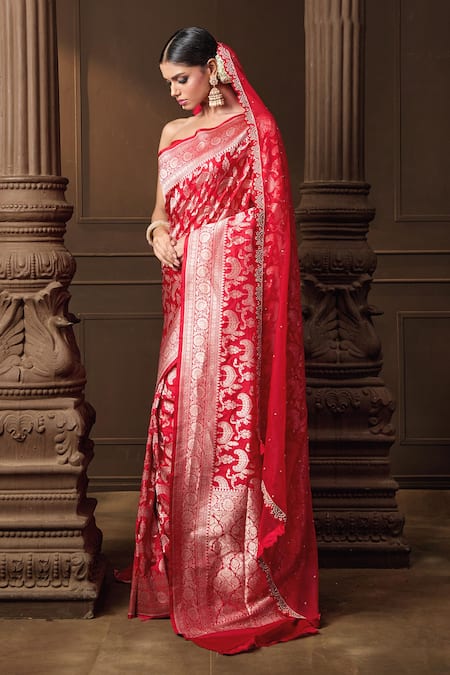 Vishwa By Pinki Sinha_Red Silk, Brocade, Organza Zari, Embroidery Banarasi Saree With Dupatta Veil _Online_at_Aza_Fashions