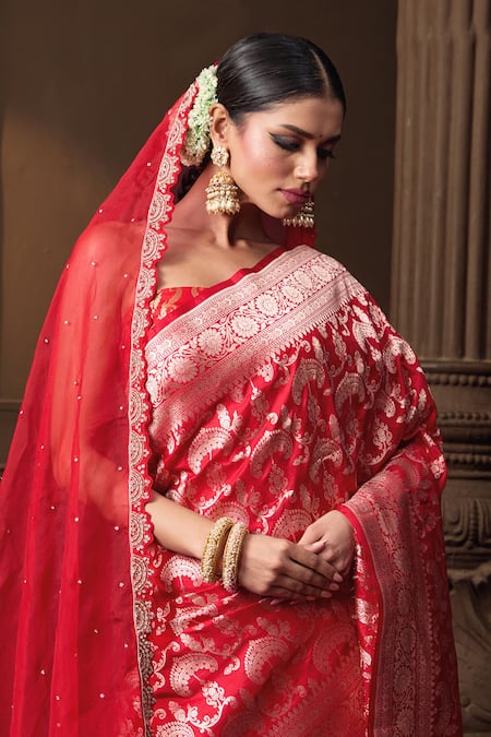 Shop_Vishwa By Pinki Sinha_Red Silk, Brocade, Organza Zari, Embroidery Banarasi Saree With Dupatta Veil _Online_at_Aza_Fashions