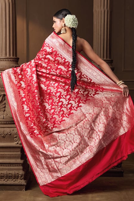Shop_Vishwa By Pinki Sinha_Red Silk, Brocade, Organza Zari, Embroidery Banarasi Saree With Dupatta Veil _at_Aza_Fashions