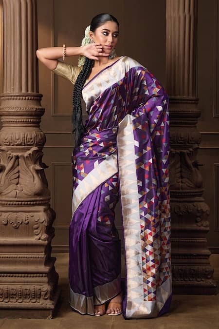 Vishwa By Pinki Sinha Purple Silk, Brocade Zari Geometric Banarasi Saree With Running Blouse Piece 