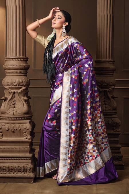 Vishwa By Pinki Sinha Purple Silk, Brocade Zari Geometric Banarasi Saree With Running Blouse Piece Online at Aza Fashions Vishwa By Pinki Sinha_Purple Silk, Brocade Zari Geometric Banarasi Saree With Running Blouse Piece _Online_at_Aza_Fashions