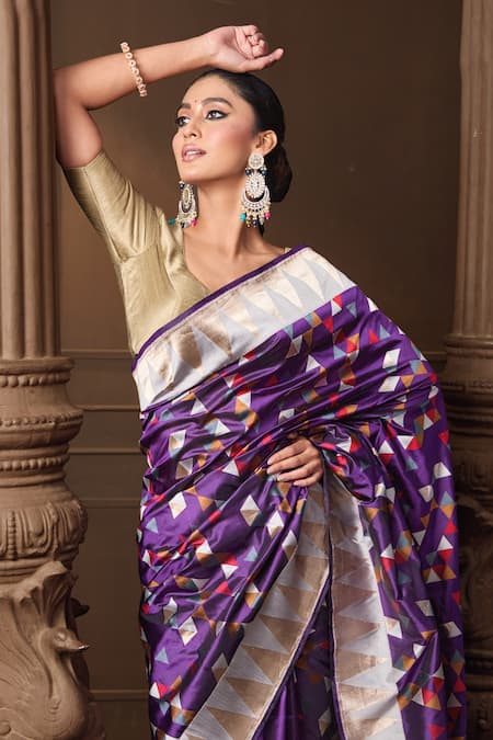 Shop Vishwa By Pinki Sinha Purple Silk, Brocade Zari Geometric Banarasi Saree With Running Blouse Piece Online at Aza Fashions Shop_Vishwa By Pinki Sinha_Purple Silk, Brocade Zari Geometric Banarasi Saree With Running Blouse Piece _Online_at_Aza_Fashions