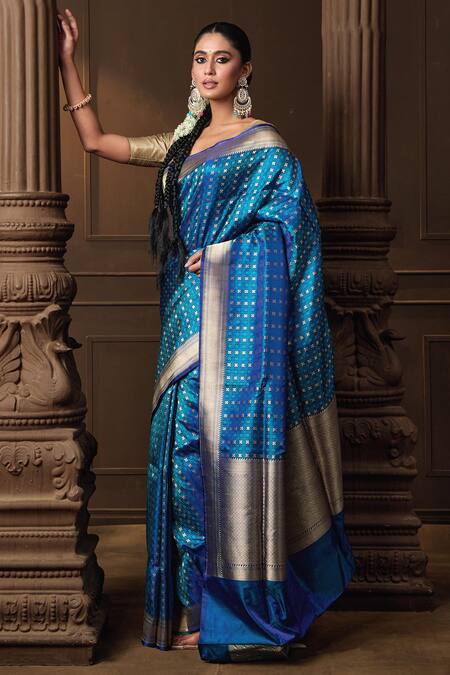 Buy_Vishwa By Pinki Sinha_Blue Silk Zari Banarasi Saree With Running Blouse Piece _Online_at_Aza_Fashions