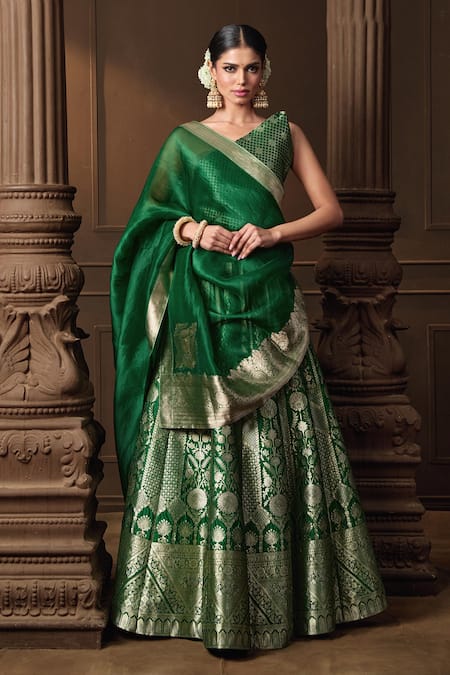 Vishwa By Pinki Sinha Green Silk, Brocade, Organza Zari, Embroidery Banarasi Lehenga With Dupatta 