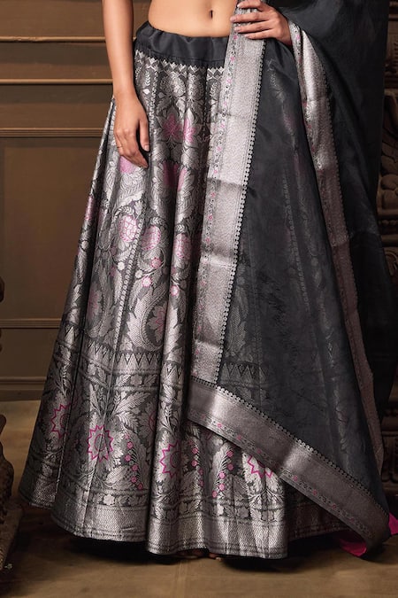 Buy_Vishwa By Pinki Sinha_Black Silk, Organza Zari, Woven Lehenga Set With Unstitched Blouse Piece _Online_at_Aza_Fashions