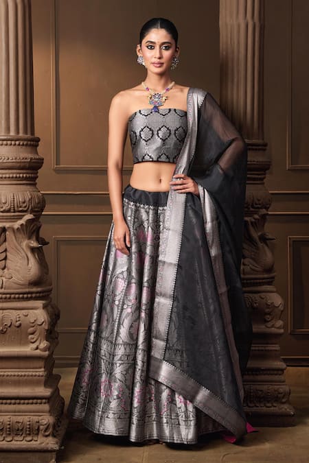 Shop_Vishwa By Pinki Sinha_Black Silk, Organza Zari, Woven Lehenga Set With Unstitched Blouse Piece _Online_at_Aza_Fashions