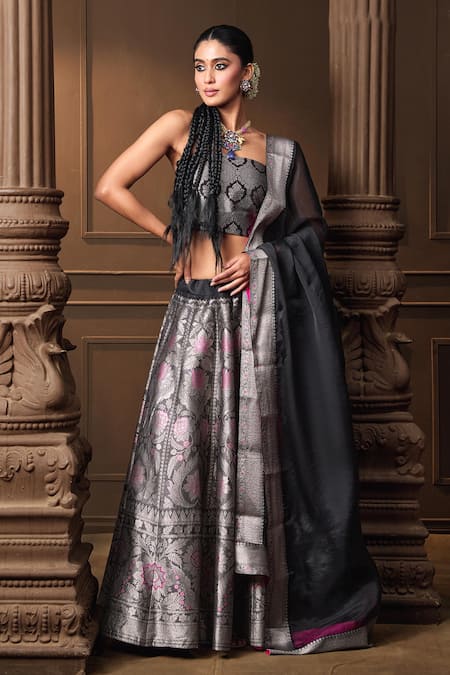 Vishwa By Pinki Sinha Black Silk, Organza Zari, Woven Lehenga Set With Unstitched Blouse Piece 