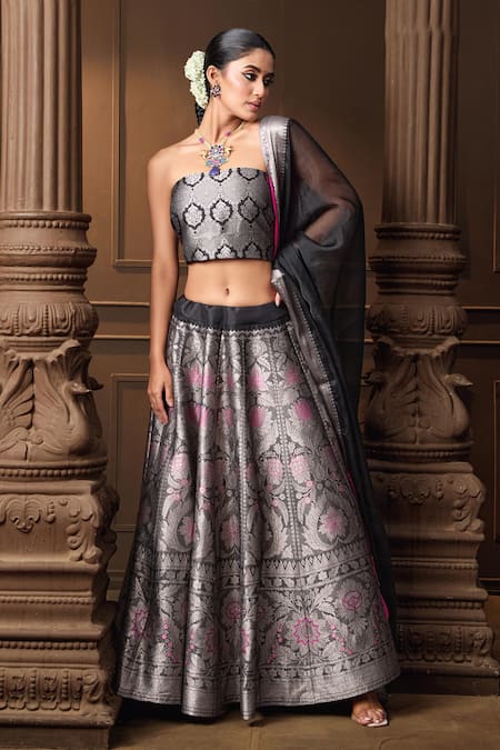 Vishwa By Pinki Sinha_Black Silk, Organza Zari, Woven Lehenga Set With Unstitched Blouse Piece _at_Aza_Fashions