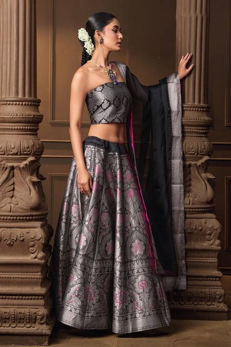 Buy_Vishwa By Pinki Sinha_Black Silk, Organza Zari, Woven Lehenga Set With Unstitched Blouse Piece 