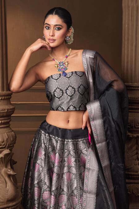 Shop_Vishwa By Pinki Sinha_Black Silk, Organza Zari, Woven Lehenga Set With Unstitched Blouse Piece 