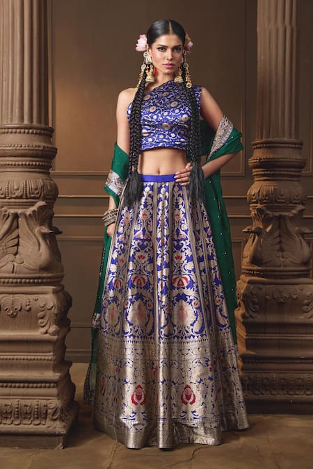 Vishwa By Pinki Sinha Blue Silk, Organza Zari, Woven Lehenga Set With Unstitched Blouse Piece Online at Aza Fashions Vishwa By Pinki Sinha_Blue Silk, Organza Zari, Woven Lehenga Set With Unstitched Blouse Piece _Online_at_Aza_Fashions