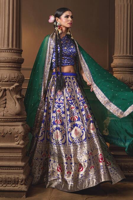 Vishwa By Pinki Sinha Blue Silk, Organza Zari, Woven Lehenga Set With Unstitched Blouse Piece at Aza Fashions Vishwa By Pinki Sinha_Blue Silk, Organza Zari, Woven Lehenga Set With Unstitched Blouse Piece _at_Aza_Fashions