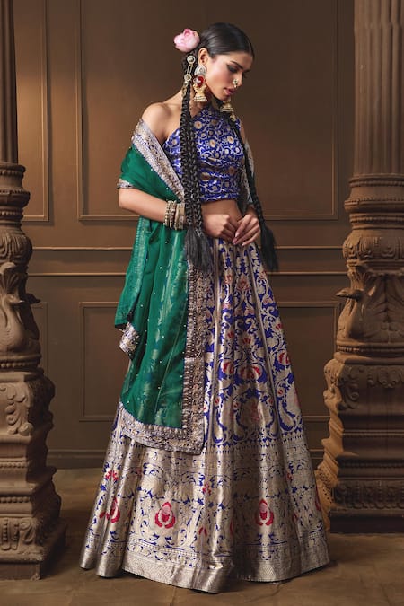 Buy Vishwa By Pinki Sinha Blue Silk, Organza Zari, Woven Lehenga Set With Unstitched Blouse Piece Buy_Vishwa By Pinki Sinha_Blue Silk, Organza Zari, Woven Lehenga Set With Unstitched Blouse Piece