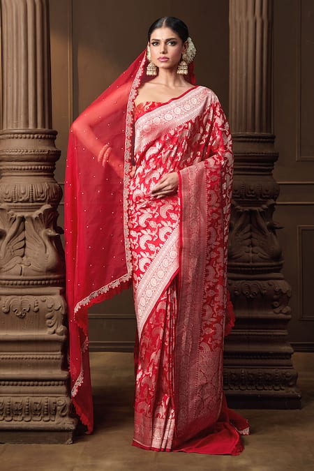 Vishwa By Pinki Sinha Red Hand Embroidered Organza Veil 
