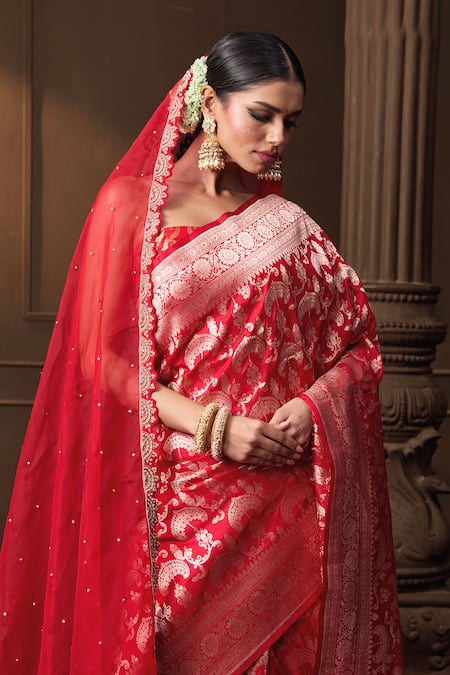 Shop Vishwa By Pinki Sinha Red Hand Embroidered Organza Veil Online at Aza Fashions Shop_Vishwa By Pinki Sinha_Red Hand Embroidered Organza Veil _Online_at_Aza_Fashions