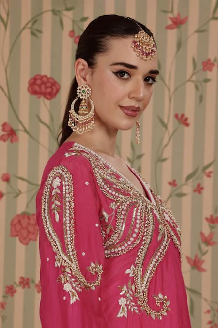 Buy_Nitisha Kashyap Official_Fuchsia Silk, Crepe, Net Beads, Sequins, Paisley Kurta Tulip Pant Set _Online_at_Aza_Fashions