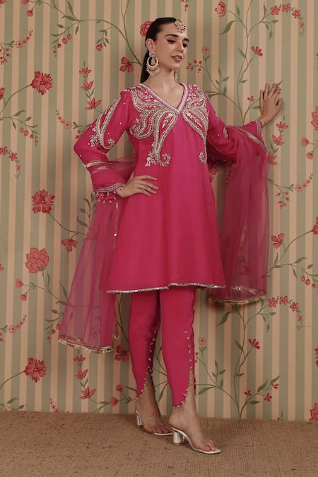 Nitisha Kashyap Official Fuchsia Silk, Crepe, Net Beads, Sequins, Paisley Kurta Tulip Pant Set 