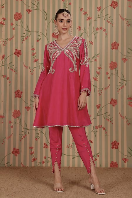 Shop_Nitisha Kashyap Official_Fuchsia Silk, Crepe, Net Beads, Sequins, Paisley Kurta Tulip Pant Set _Online_at_Aza_Fashions