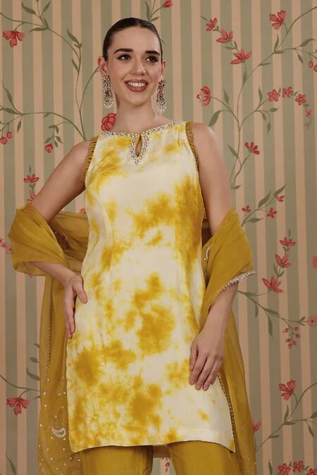 Buy_Nitisha Kashyap Official_Off White Silk, Organza Beads, Sequins, Embroidery Tie-dye Sleeveless Kurta Set _Online_at_Aza_Fashions