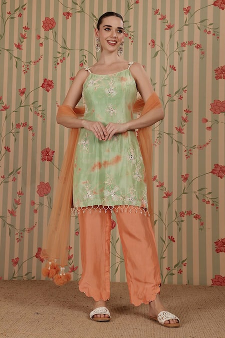 Nitisha Kashyap Official Green Silk, Net Mirrors, Sequins, Beads, Tie-dye Sleeveless Kurta Pant Set 