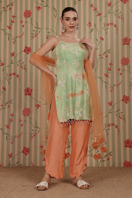 Buy_Nitisha Kashyap Official_Green Silk, Net Mirrors, Sequins, Beads, Tie-dye Sleeveless Kurta Pant Set _Online_at_Aza_Fashions