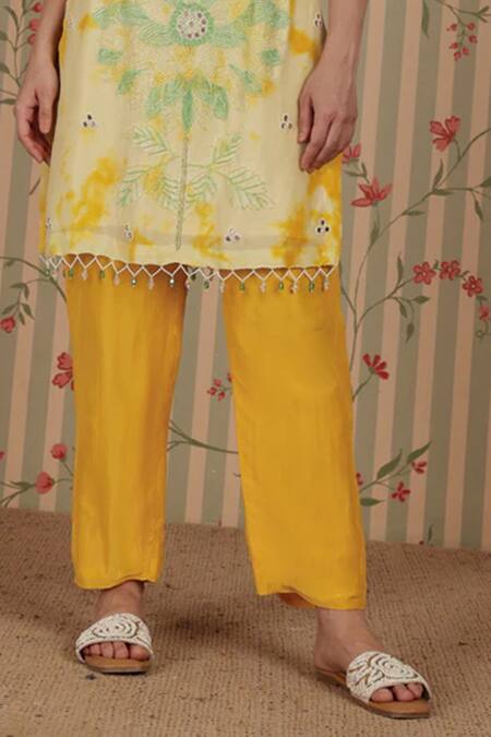 Nitisha Kashyap Official_Yellow Silk, Net Embroidery, Mirrors, Sequins, Beads, Tie-dye Kurta Pant Set _Online_at_Aza_Fashions
