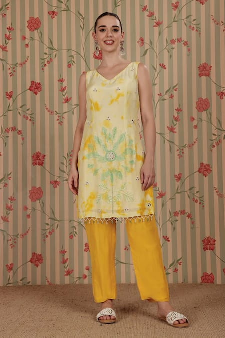 Buy_Nitisha Kashyap Official_Yellow Silk, Net Embroidery, Mirrors, Sequins, Beads, Tie-dye Kurta Pant Set _Online_at_Aza_Fashions