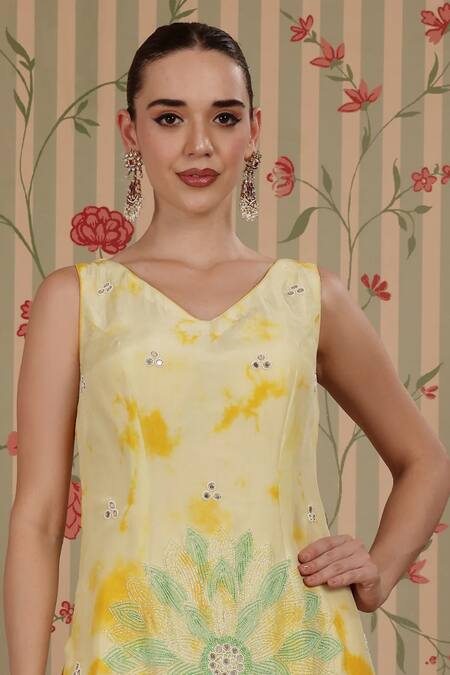 Shop_Nitisha Kashyap Official_Yellow Silk, Net Embroidery, Mirrors, Sequins, Beads, Tie-dye Kurta Pant Set _Online_at_Aza_Fashions