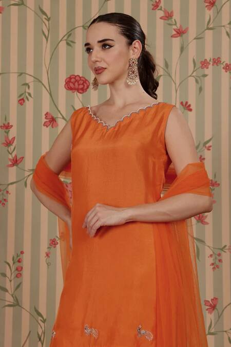 Nitisha Kashyap Official_Orange Silk, Net Embroidery, Sequins, Sleeveless Kurta Bell Bottom Pant Set _Online_at_Aza_Fashions